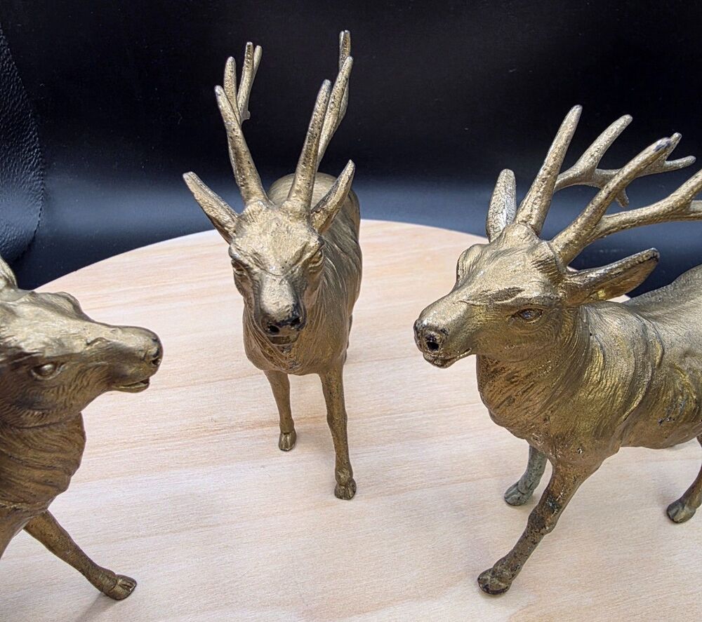 Brass Tone Elk Stag Deer Figurines Set of 3 Wildlife Vintage Made In Japan - Picture 2 of 16